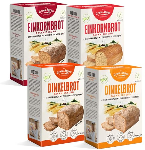 Grana Antico BIO-Dinkel- und -Einkorn Brotbackmischungen Probier-Set 4 Sorten Vegan, laktosefrei, ohne Zusatzstoffe für Brot, Brötchen, Pizza (2x 400g 2x 450g)