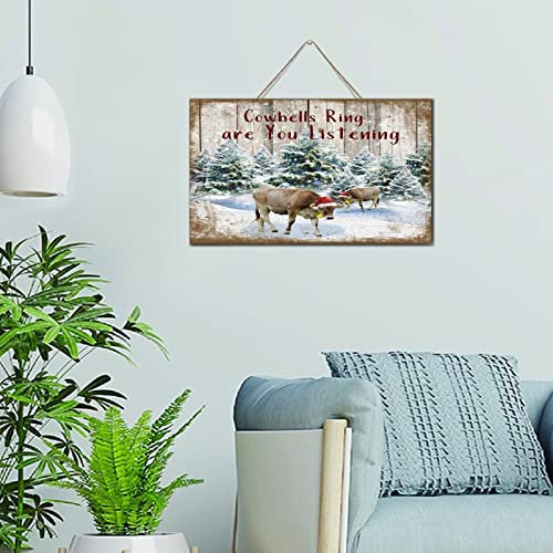 Kuhglocken Ring Are You Listening Regal Dekor Schilder Lustiges Holzschild Motivational Xmas Cattle Holiday Farmer Wandkunst Holzschild Home Decor für Tisch Haustür 15,2 x 25,4 cm