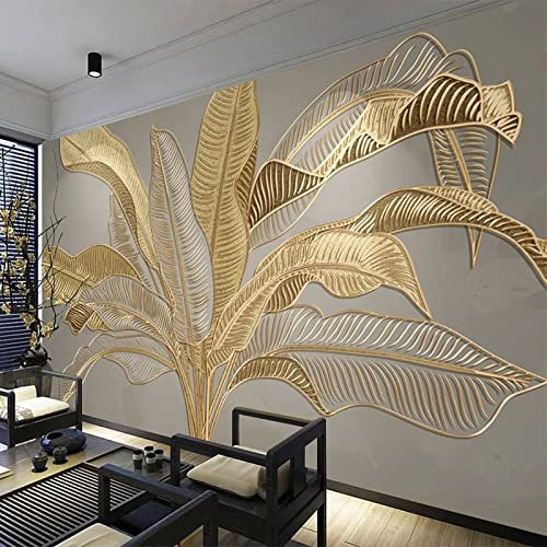 XTSWallpaper Golden Pflanzen Blätter 380X360Cm Selbstklebendes Wandbild 3D Wandtattoo Wandsticker Schlafzimmer Wanddeko Wandaufkleber Wohnzimmer Tapete Wasserdichtes Pvc Wandbild Hintergrund