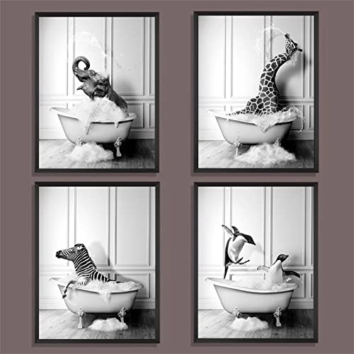 Martin Kench 4er Schwarz-Weiß Poster Set, Badezimmer Bilder Tiere in der Badewanne Modern Wandbilder Leinwandbilder Wanddeko Bilder für Badezimmer (30x40cm)