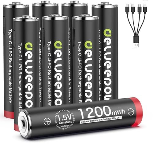 Delyeepow 1.5V USB-C Batterie AAA ricaricabili 1200mWh, Pile Ricaricabili AAA Litio 1500 Cicli con Cavo USB-C, 8 pezzi