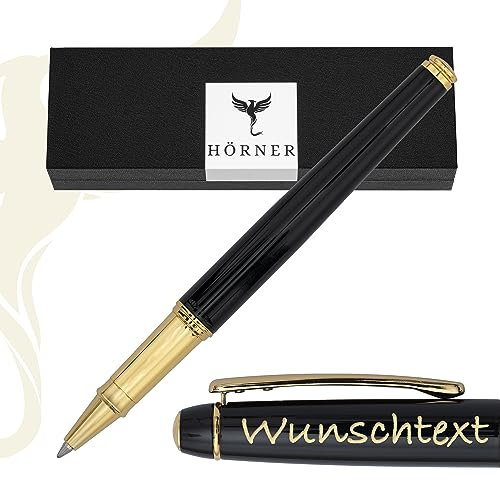 Hörner Nobilis - Premium Tintenroller Schwarz Gold mit Gravur I Geschenk-Box I Schreibfarbe Blau I Strichstärke M 0,7 mm I Hochwertiges Etui I Hochwertiger personalisierter Rollerball Pen