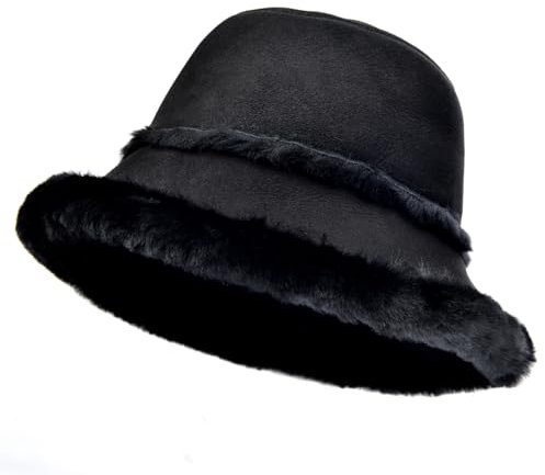 Harssidanzar Winter Fischerhüte für Männer und Frauen Lammfell Shearling Leder Warme Hüte Mützen Caps CU608EU, Schwarz, Größe M