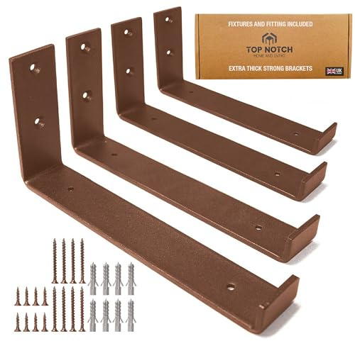 Top Notch Home and Living Heavy Duty Metal Shelf Brackets | Steel Bracket for Wooden Wall Shelves | Support 40kgs | Hardwearing | Incl Fixtures & Fittings (Copper, Pack of 4 Up Brackets)