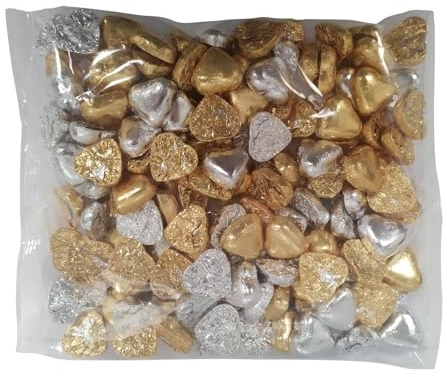 Deliex Delicias de Extremadura - 1 kg de bombones de chocolate con forma de corazón rellenos de crema de leche, dorado y plateado bolsa de 1 kilo (130-140 unidades aprox)