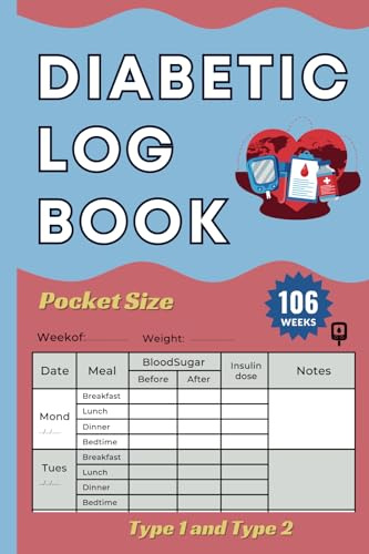 Diabetic Log Book Pocket Size: blood sugar log book small 4 x 6 inch diabetic logbook , 2 year Diabetes Diary, Weekly Blood Sugar Level Monitoring, 106 weeks Compact Glucose Recording Notebook