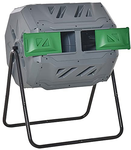 Outsunny Compostador de Tambor Giratorio Contenedor de Compostaje de Doble Cámara con Capacidad 160 litros y Ventilación Marco de Acero para Residuos Orgánicos de Jardín 71x64x96cm Gris