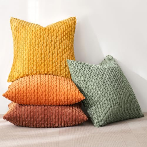 MIULEE 4er Set Kissenbezug 45×45cm Kordsamt Ananas-Ähren Orange Grün Serie