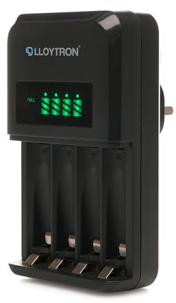 LLOYTRON Ultra Fast Intelligent AA/AAA LCD Home Battery Charger for NiMh Rechargeable Batteries - Charge 1 or 4 Batteries at Once - LCD Display - B1509 - Black