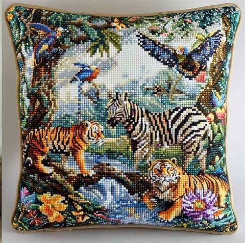 kitphoenix Latch Hook Kissen Kit, Tier Knüpfkissen Set Für Anfänger Erwachsene Oder Kinder Zum Selber Knüpfen,Tier Elefant Tiger Löwediy Knüpfteppich Knüpfpackung, Knüpfhaken Set 43 X 43 Cm