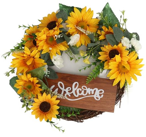 Aladeno 15 Zoll künstlicher Sonnenblumenkranz für die Haustür, Sonnenblumenkranz mit Begrüßung, künstlicher Sonnenblumenkranz, Frühlings- und Sommerkranz für Haustür, Fenster,