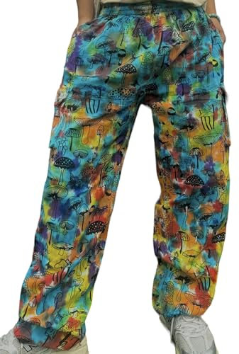 Fine Cotton Mushroom Print Tie Dye Yoga Pants, Summer Trousers, Hippie Festival Casual, One Size, Elasticated Waist with Drawstring