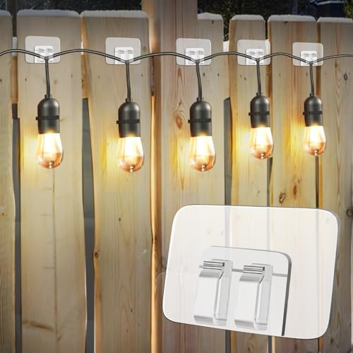 80Pcs Hooks for Outdoor String Lights Clips: Heavy Duty Cable Clips with Waterproof Adhesive Strips for Hanging Christmas Light - Outside UV-Resistant Clear Sticky Cord Holders Rope Organizer