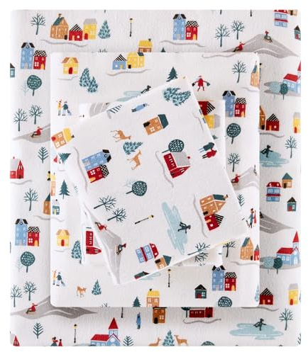 Sleep Philosophy True North - Sábanas de Franela 100% algodón, Acogedor, Pesado, Cepillado para Mayor suavidad, Ropa de Cama cálida Estampada, tamaño Individual XL, 3 Piezas, Estampado Blanco Pueblo