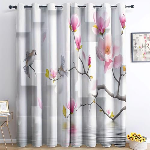 Gedruckte Blackout Vorhänge H245 x B75 cm (2er Pack) Energiesparende Vorhänge Thermo- und Schallschutzvorhänge für Schlafzimmer Magnolie Pflanzen Bedruckte Rosa Weiß Vorhang