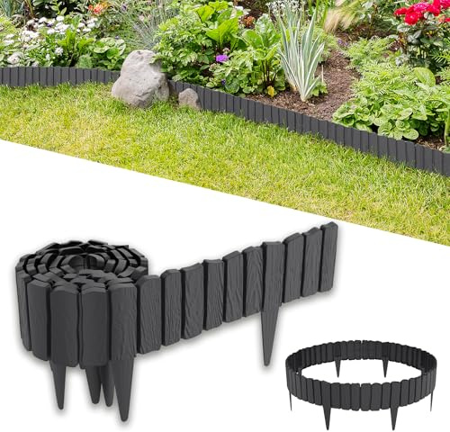MAYTIIMO Holzoptik Beetbegrenzung, Korrosionsbeständige Beetumrandung, Rasenkante aus PP Kunststoff, Gartenpalisade ideal zur Unterteilung von Innenhof und Gemüsegarten, Anthrazit - 2,3 m(4 Stück)