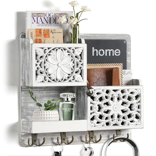 Optyuwah Schlüsselbrett Holz mit Ablage,Schlüsselhalter Wandregal für Schlüsselregal mit 2 Europäischen Aushöhlen Briefhalter,Kreidetafel und 8 Haken Schlüsselaufbewahrung Wandgarderobe