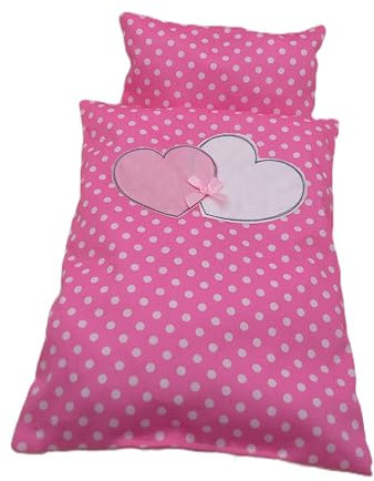 Puppenbettwäsche rosa mit gestickten Herzen, Decke 36h x 27b cm, Kopfkissen 16h x 22b cm für Puppenbett, Puppenwiege, Lauflernwagen