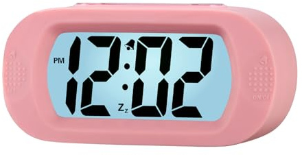 Plumeet Einfach Einzustellen, Großer Digitaler LCD-Reisewecker, Mit Schlummermodus und Nachtlicht, Ansteigendem Soundalarm & Handgerät-Größe, Kinder (Hellrosa)