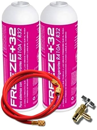 KIT Genérico Gas Refrigerante Freeze Orgánico +32 (2 Botellas 350Gr + Válvula Sustituto R32, R410A. + Manguera de Carga) - Gas Aire Acondicionado Coche, Gas R32 Para Aire Acondicionado, Refrigerante R