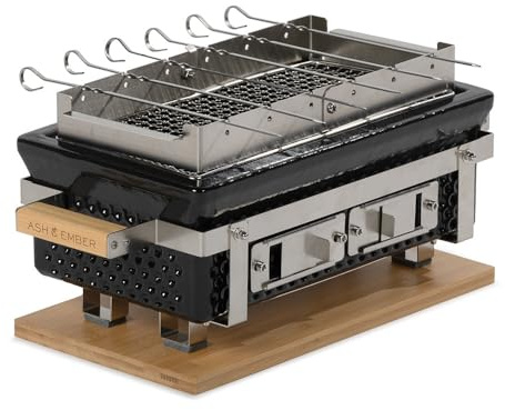 Ash & Ember 16 Hibachi Tabletop Grill And Skewer Set, Ceramic Charcoal Grill, Stainless Steel Cooking Grate, Kabob Rack with 6 Stainless Steel Skewers, Adjustable Temp Control