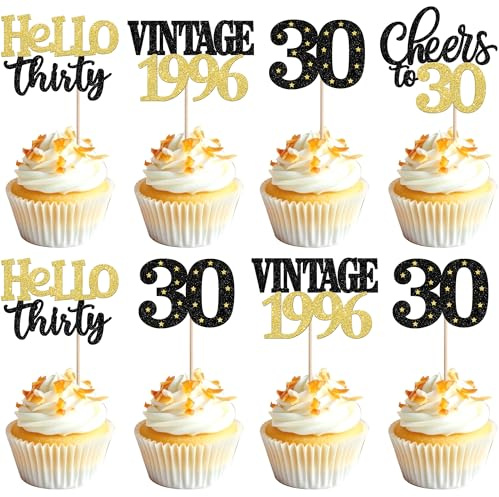 Xsstarmi 24 Pack 30th Birthday Cupcake Toppers Black Gold Glitter 30 Hello Thirty Vintage 1996 Cupcake Picks Cheers to 30 Cake Decorations for 30 Fabulous Happy 30th Birrthday Party Supplies