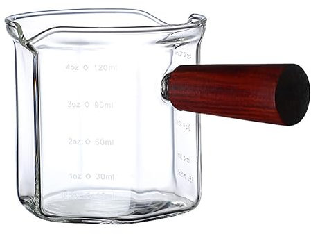 Swiixxer Wood Handle Glass Espresso Measuring Cup Clear Kitchen Measure Mug Coffee Supplies 120Ml