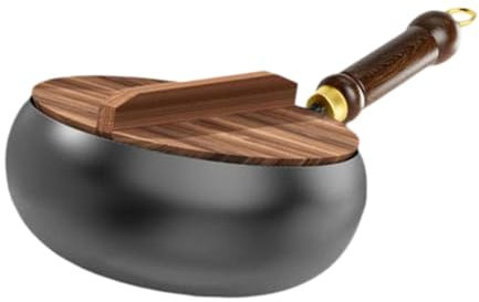 DimyFew 9,45 Sartén Wok para Saltear Antiadherente, Utensilios de Cocina de Inducción Multiusos, Wok Chino de Fondo Plano de Gas, Sartén Wok para Camping Hotel Cocina Casa, Tapa de Madera