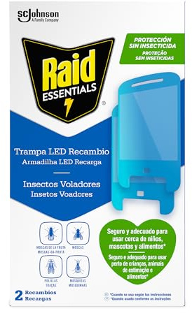 Raid Essentials Lot de 2 recharges pour piège LED Anti-Mouches, Anti-Mouches et Mites, sans Insecticide, Protection 24/7 Contre Les Insectes Volants pour Usage intérieur
