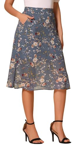 Allegra K Women's A-Line Midi Skirt Floral Print Chiffon Vintage 2024 Summer Skirts Large Gray Blue