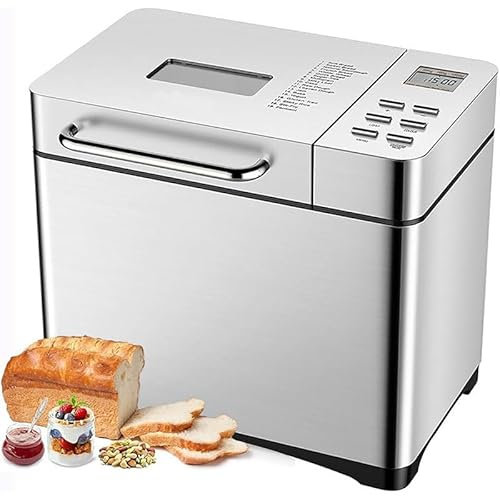 Machine à pain 17 en 1 avec double distributeur automatique, machine à pain en acier inoxydable de 2lb avec pâte sans gluten, pâte, confiture
