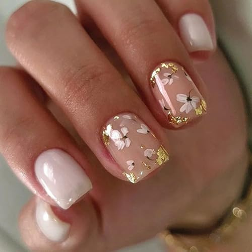 Ceboic 24 Stück Press on Nails Kurz Eckig, Weiß Blume Französisch Nägel zum Aufkleben Frühling Sommer Kunstnägel Künstliche Nägel, Vollabdeckung Selbstklebende Fingernägel Fake Nails für Frauen