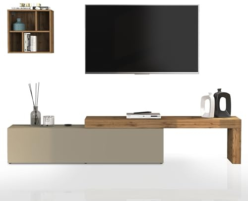 WHOUS Parete Attrezzata CHRONOS per Soggiorno, Mobile Tv Regolabile e Pensile a Giorno per Salotto in Legno, 190/350x40 cm, Tortora Opaco e Rovere