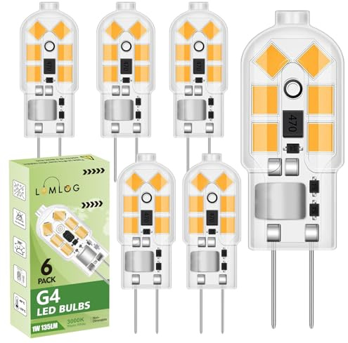 Lumlog G4 LED Bulbs 1W, AC/DC 12V, Warm White 3000K, Equivalent 20W G4 Halogen Lamp, 135LM, No Flickering Energy Saving Capsule Light Bulb for Home-Lighting 6 Pack [Energy Class E]