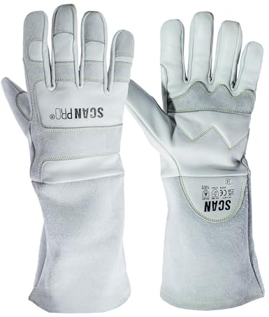 Scan Pro Welding Gloves – Premium Leather Flame Retardant Protective Gloves with Reinforced Palm & Thumb, Aramid Stitching, Extended Gauntlet Cuffs, EN388, EN407 & EN12477 Certified – Size XL (10)