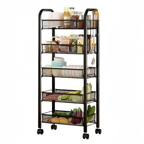 5-Tier Rolling Kitchen Trolley with Wheels - Sturdy Metal Storage Cart for Kitchen, Bathroom, Home Office, Space-Saving Organiser, Slim Mobile Rack for Fruits, Vegetables, Spices (Black, 44x27x105cm)
