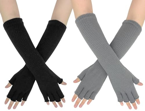 AffeGifts Winter Fingerless Gloves Long for Women, 2 Pairs Winter Arm Warmers Long Knitted Half Finger Gloves Wrist Warmers for Women Teen Girls Autumn Winter (Black and Grey)