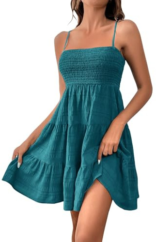 Vestido de verano para mujer, de ocio, estilo swing, ligero, para la playa, sin mangas, minivestido, de cintura alta, sexy, con tirantes de espagueti, monocolor, vestido de verano para mujer, Verde-c