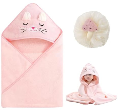Asciugamano neonato Bagnetto Asciugamani Con Cappuccio Per Bambini+Palla da bagno Accappatoio Super Assorbente con Simpatico Orecchie per Neonato 0-3 Anni