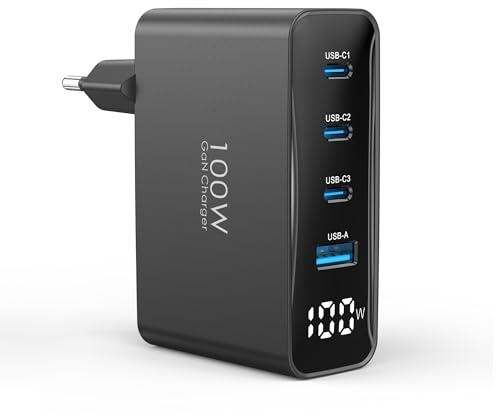 100W USB C Ladegerät, 4-Port Schnellladegerät mit LED Display, USB-C Netzteil GaN Charger PD/PPS für MacBook Pro/Air, für iPhone 17/16 Pro/iPad, Galaxy S25/S24, für HP/Lenovo/Acer/Lpatop, Schwarz