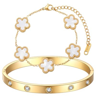 AOWVUTS 2 Stück Kleeblatt Armband Damen 18K Vergoldet Vierblättriges Kleeblatt Armbander Liebe Freundschaft Armband Zirkonia Armreif Edelstahl Verstellbare Armbander Set Geschenk für Frauen