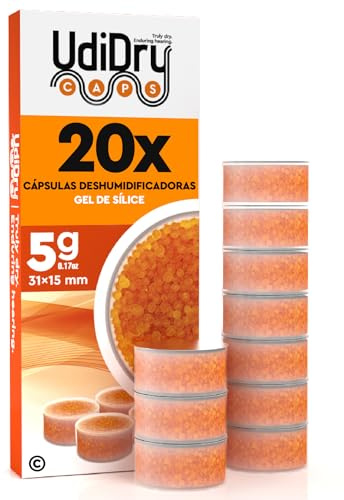 20 Capsule Essiccanti per Apparecchi Acustici UdiDry Caps 5g 31mm Assorbi Umidità con Indicatore di Colore - Capsule Deumidificanti con Gel di Silice di Alta Qualità Anti Umidità per Asciugatura