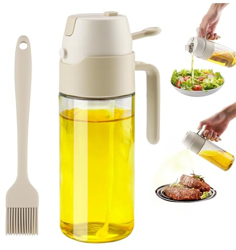 Wozzies 2 in 1 Spruzzino Olio, 550 ml Oliera Spray, Spruzzatore per Olio d'Oliva, Friggitrice Aria, Airfryer, Insalate, Grigliate, Cucina, BBQ, Bottiglie di Vetro, Con Spazzola (Bianco)