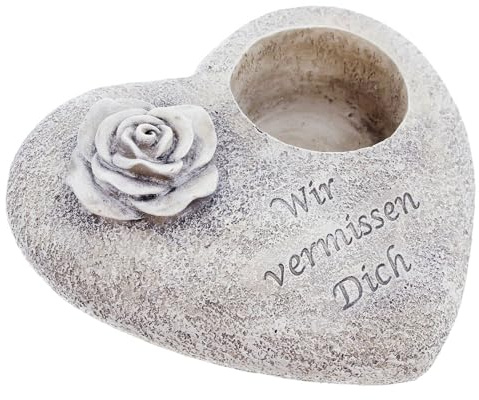 Grabherz mit Teelichthalter und Gravur, Wir vermissen Dich, Grabschmuck Herz mit Rose aus Polyresin, Gedenkstein im Herzform für Friedhof, Grabdeko für Trauer, Beileid & Erinnerung