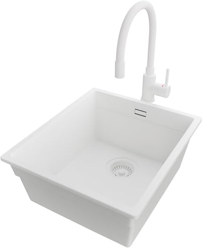 PRIMAGRAN Lavandino da Cucina Tutto Bianco 41x47cm, Lavello in Granito a 1 vasca + Rubinetto 38x14cm + Sifone Classico, Lavabo Incasso al mobile 45cm - Prague Slim