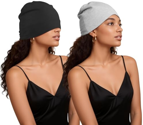 Kiiwah 2 Pièces Bonnet Cheveux Nuit, Slouchy Beanie Coton pour Dormir Bonnet Double Couche Bonnet Nuit Cheveux Bouclés Unisexe Bonnet de Sommeil pour Femme Et Homme