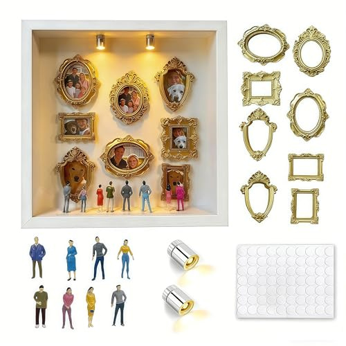 Aosyax Mini Bilderrahmen Schattenbox 25x25cm DIY Set, 3D Tiefer Bilderrahmen mit Mini Figuren Menschen Museum, Wand & Tisch Personalisierbarer Erinnerungsrahmen, Deko Geschenk,Weiß