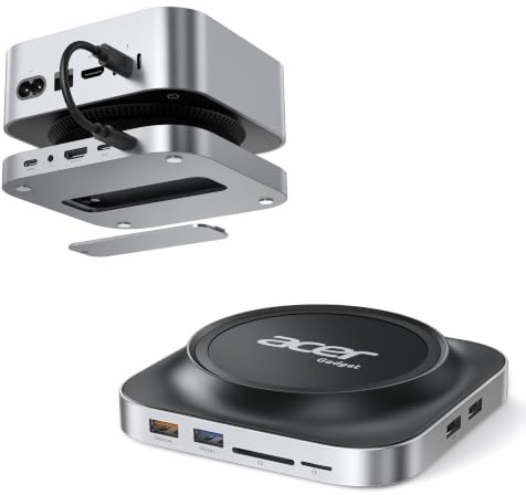 Acer Gadget Mac mini M4 Dock, 8TB M.2 NVMe/SATA SSD Enclosure & Stand, 4K @144Hz HDMI 2.1, 10Gbps USB-C & USB-A Hub, Lettore di schede SD/TF, audio 3.5mm, Docking Station in alluminio per Mac mini M4