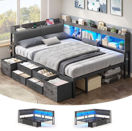 AOGLLATI Polsterbett Schlafsofa 140x200 mit Stauraum Jugendbett mit 6 Staufächern & 6 Schubladen Bett 140x200 mit LED-Beleuchtung & Ladestation,Tagesbett mit Gepolstertem Kopfteil(Grau, 140x200cm)