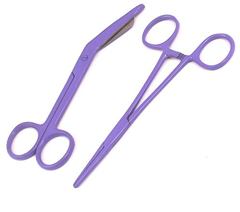 Precise Canada: Set of 2 Lister Bandage Scissors 5.5 + Hemostat Forceps Curved 5.5 Full Purple Color Stainless Steel